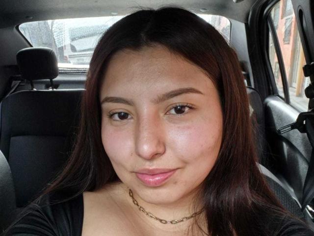 SofieMalory with dark brown hair, light skin, and small pink lips, sitting in a car, wearing a black top and a chain necklace, looking at the camera.