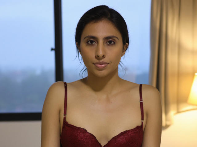 JeanieWise, com pele marrom clara, cabelo escuro em um rabo de cavalo solto, vestindo um sutiã de renda vermelho, tem seios pequenos e uma expressão neutra, em um quarto com iluminação suave..