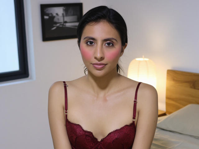 JeanieWise, con un ligero rubor en las mejillas, vestida con un sujetador de encaje rojo, tiene senos pequeños, cabello oscuro y un rostro lindo, y está de pie en una habitación con una luz suave..