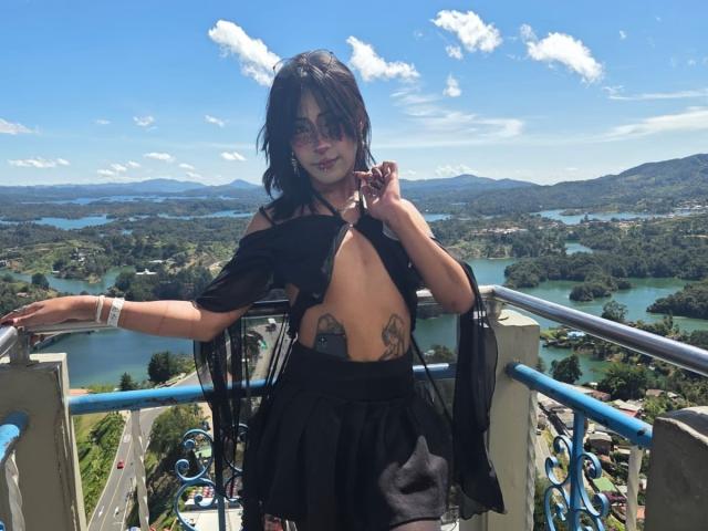 NoemiSky with black hair, wearing a sheer top exposing her tits, black skirt, tattoos, standing on a balcony, blue railing, clear sky, holding her hair, cat on her knee.