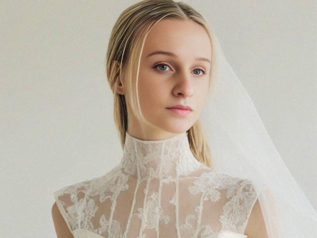 FlyFreedom with blonde hair, wearing a white lace wedding dress, sheer high-neck, and a veil, has small tits and a neutral expression, looking slightly to the right.