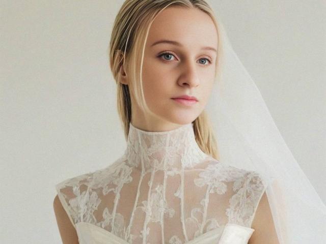 FlyFreedom has blonde hair, blue eyes, and a serious face. She's wearing a white lace bridal dress with a high neck and a sheer veil. Her tits are covered.