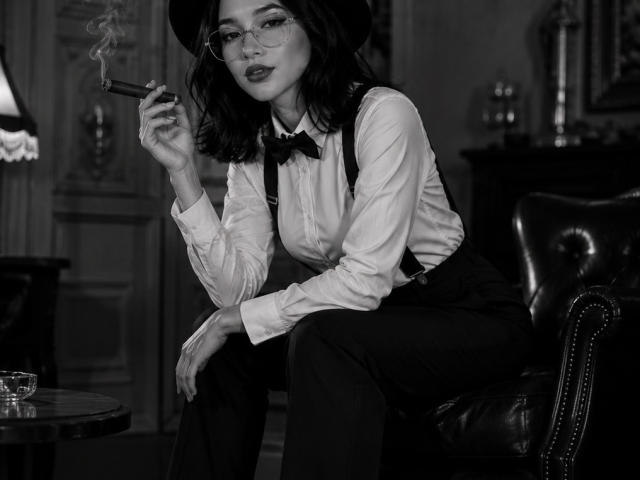 Celeste Ocampo, portant des lunettes, un chapeau noir, une chemise blanche, une cravate noire et une bretelle, fumant une cigarette, assise sur un fauteuil en cuir, vêtue d'un pantalon sombre, sur une photo en noir et blanc..