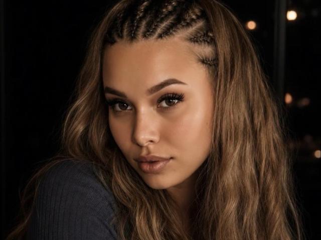 Niferttiti has a sexy face with braided crown, brown wavy hair, full lips, and dark eyebrows. Her brown eyes are half-open, and she's wearing a dark top.