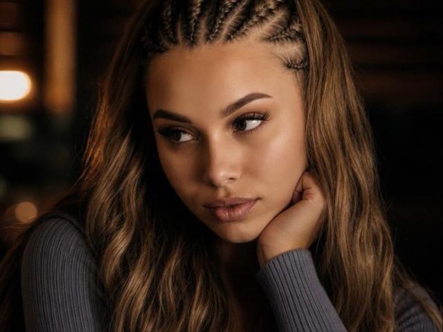 Niferttiti has braided brown hair, brown eyes, and a serious look. She's touching her cheek with her hand, wearing a gray ribbed sweater, and has a cute face.