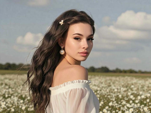 Niferttiti with long wavy brown hair, white off-shoulder dress, pearl earrings, and flower hair clip, looking over shoulder at camera, standing in white flower field, clear blue sky.
