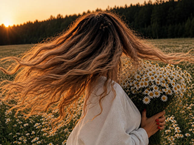 Niferttiti met golvend blond haar, die een boeket margrieten vasthoudt, gekleed in een witte jurk, zonsondergang in een veld, goudkleurig licht, rode nagels, de wind waait door haar haar..