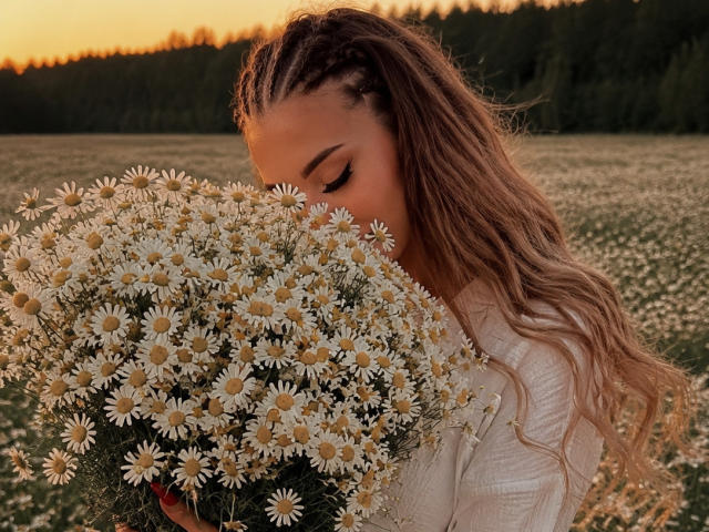 Niferttiti con el pelo largo y ondulado de color marrón, trenzado, sosteniendo un gran ramo de margaritas blancas, con los ojos cerrados, vistiendo una camisa blanca, en un campo iluminado por el sol al atardecer..