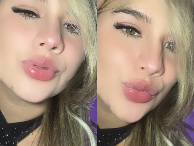 SashaPolet has pink glossy lips, slightly parted, wearing black eyeliner, with blonde hair and green eyes, showing two different pouty expressions in a side-by-side selfie.