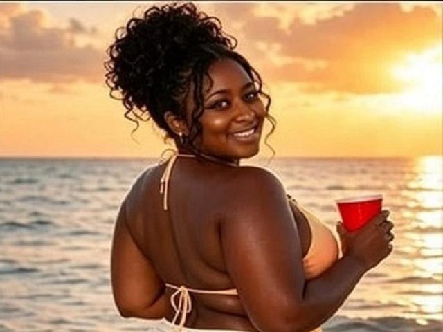 Een mollige vrouw met donkere huid en krullend haar, in een beige bikini, houdt een rode beker vast, glimlacht naar de camera en staat in ondiep zeewater tijdens de zonsondergang..