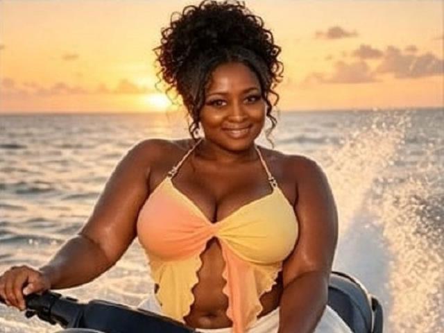 AnyBigAssForU with dark skin, curly hair in a high bun, smiling, wearing a yellow-orange halter top showing big tits and a cutout, riding a jet ski at sunset.