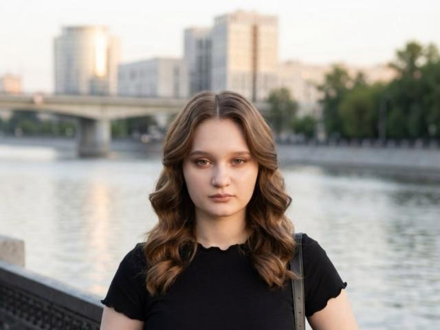 EloisBoeding with wavy brown hair, black top, and neutral expression, standing by a river with a bridge and buildings in the blurred background. She's looking directly at the camera.
