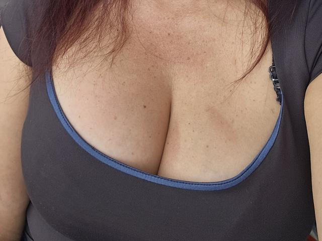 I seni grandi, rotondi e chiari di AlessiaRed sono mostrati in una maglietta aderente di colore grigio scuro con una cerniera blu sul lato. I suoi capelli rossi sono parzialmente visibili..