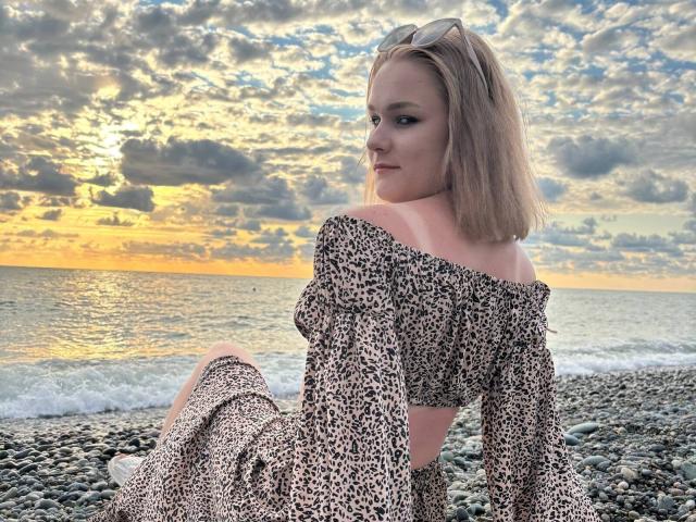 QuinnFerkel with blonde hair, wearing an off-shoulder leopard print dress, sitting on a pebble beach, looking back, sunset in the sky, sunglasses on head, small ass.
