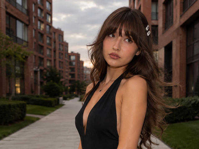 TrishaRidderhoff with long brown wavy hair, wearing a black deep V-neck dress, showing her tits, standing on a sidewalk between red brick buildings at sunset.