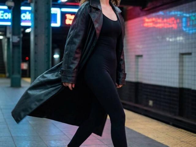 Bethany Aceves, portant un manteau en cuir noir, un débardeur noir et des leggings noirs, marche avec un manteau légèrement évasé, ses fesses et ses seins étant subtilement mis en valeur par des vêtements moulants..