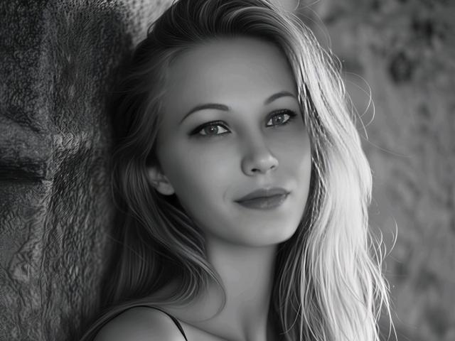 MyaHott has a cute, smiling face with long, wavy blonde hair, and is leaning against a textured wall in a black-and-white photo. Her eyes are slightly upturned.