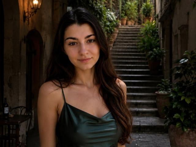 JudithNorick with long dark hair, green satin dress, and cute smile, standing in a cozy, plant-filled alleyway, showing her small tits and gentle, sexy look.