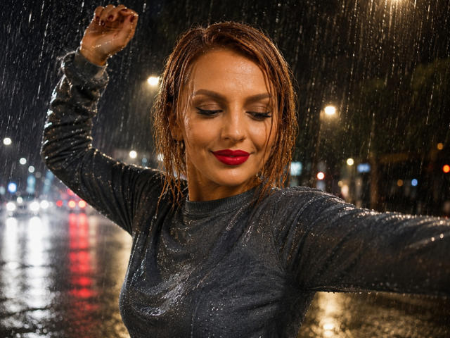DouceAmelia with wet brown hair, wearing a shiny gray long-sleeve top, standing in the rain, arms raised, red lipstick, smiling, water droplets on her face and top.