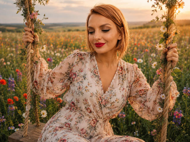 DouceAmelia con rossetto rosso, seduta su un'altalena fiorita, indossa un abito floreale, tiene una corda, sorride, tramonto, campo di fiori colorati, sedile di legno, i suoi seni sono leggermente visibili..