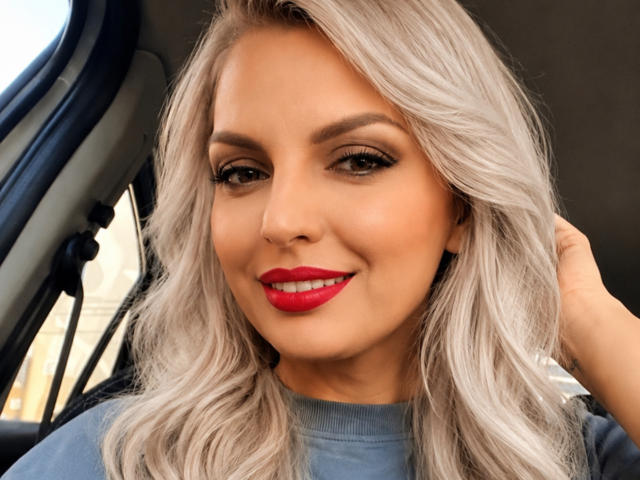 Il viso di DouceAmelia, con i capelli biondo argento, il rossetto rosso e la camicia blu, mentre sorride in macchina. I suoi occhi marroni hanno lunghe ciglia, e lei sta toccando i capelli..