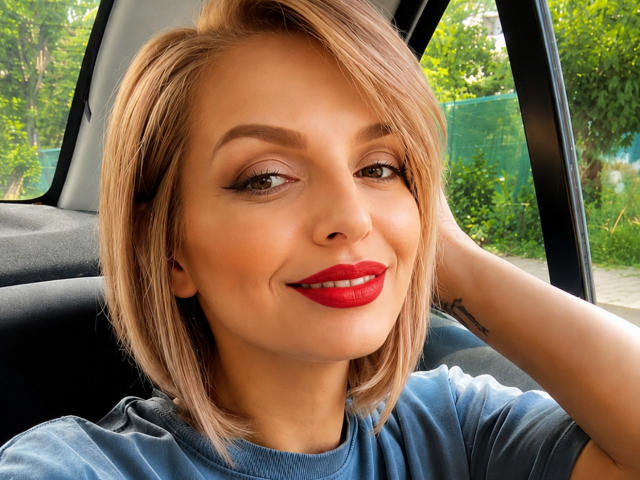 Il viso di DouceAmelia, con i capelli biondi tagliati corti, il rossetto rosso, la camicia blu, un leggero sorriso, una mano tra i capelli, il finestrino dell'auto sullo sfondo, il verde all'esterno, una luce soffusa, un tatuaggio sul lato destro, carina, sexy..