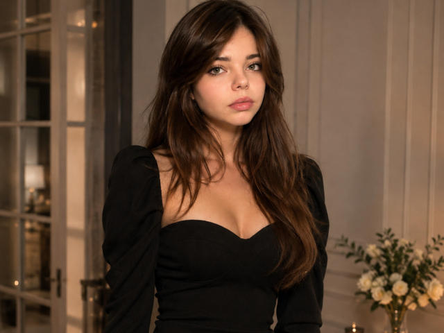 MiraRosse has long brown hair, green eyes, and wears a black dress with puffy sleeves, showing her tits in a soft, warm-lit room with candles and flowers.