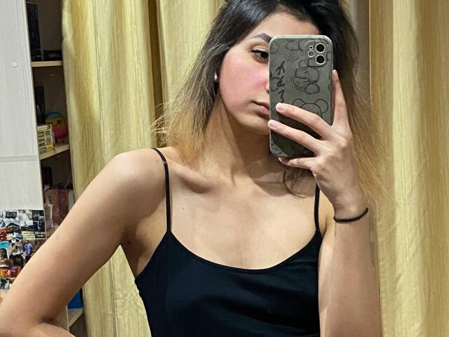 HeikeCarchi with light brown hair, wearing a black spaghetti-strap top, taking a mirror selfie with her phone, showing a subtle pink blush on her cheeks, and a black wristband.