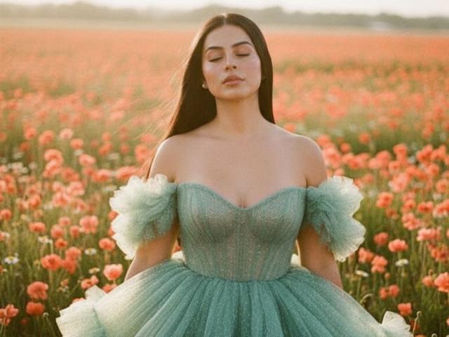 IsabellaJames with long brown hair, eyes closed, wearing a green off-shoulder dress with puffed sleeves, standing in a field of orange flowers, her tits slightly visible.