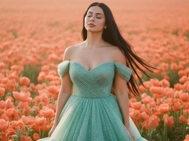 IsabellaJames with long dark hair, wearing a sparkly, off-shoulder, teal dress, standing in a field of orange poppies, eyes closed, looking serene. Her tits are visible.