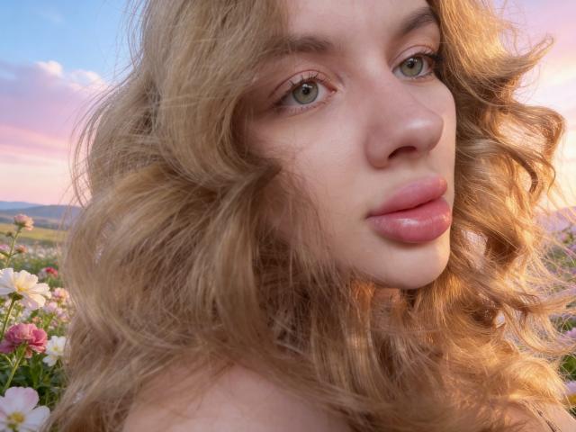 AlisTris heeft golvend blond haar, groene ogen en roze lippen. Haar lichte huid en subtiele make-up worden verlicht door het zachte avondlicht. Ze kijkt iets naar rechts..