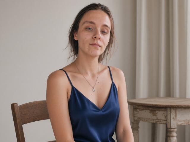 IvyNibler with pale skin, blue eyes, and brown hair in a navy satin dress, sitting on a wooden chair, wearing a delicate necklace, looking relaxed.