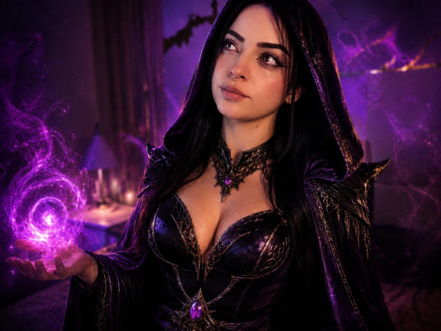 LilithAmoth with dark hair, purple magic orb, and black, shiny dress with purple gem, showing her boobs, in a purple-lit, fantasy setting. She's looking up with a serious expression.