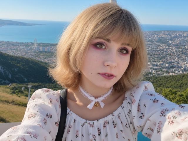 EmelyDilsaver has blonde bob, pink eye makeup, white floral dress, choker with bell, black strap, looking at camera, city and ocean in background, clear blue sky.