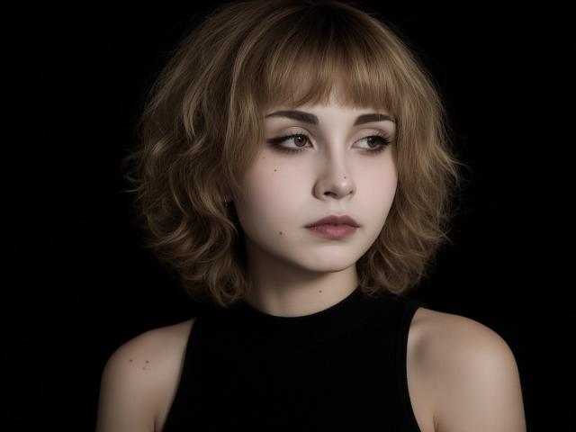 EmelyDilsaver has short, wavy brown hair, fair skin, and a nose piercing. She's wearing a black sleeveless top, looking to the side with a slight pout.