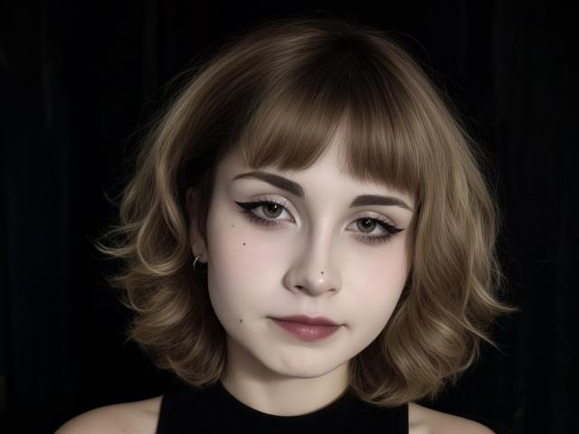 EmelyDilsaver has pale skin, brown wavy shoulder-length hair, black eyeliner, small nose, and pink lipstick. She's looking straight at the camera with a slight smile.