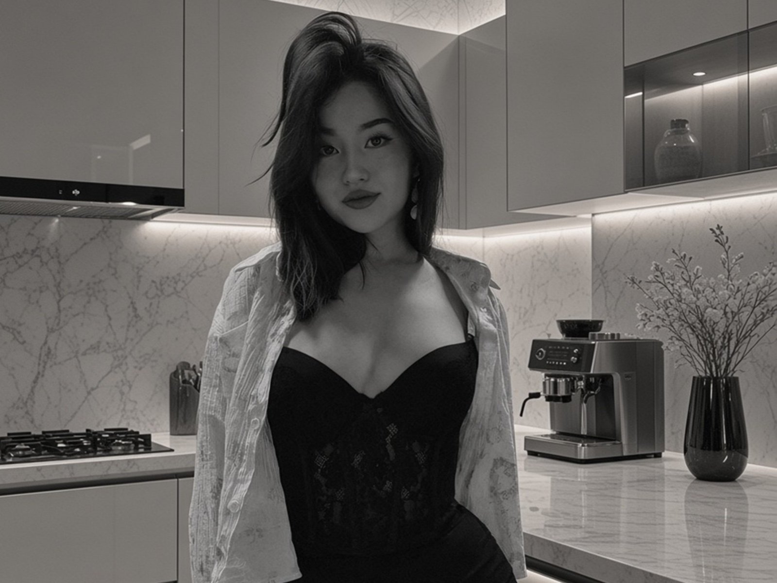 MonikaMeel with medium tits, wearing a black lace corset and open shirt, stands in a kitchen with a coffee machine and vase. She's hot, has dark hair, and looks sexy.