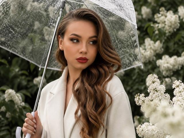 Niferttiti with wavy brown hair, holding a clear umbrella, wearing a white coat, has red lipstick, and a serious expression. Boobs not visible, pussy not visible.