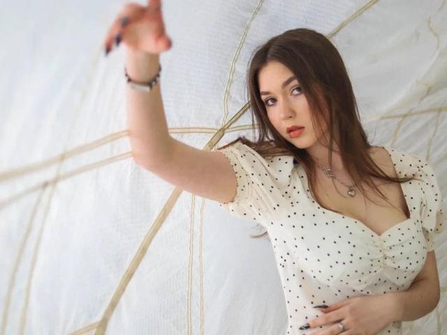 AndraAnestos with brown hair, red lipstick, polka dot dress, reaching out, white umbrella, necklace, bracelet, looking forward, right arm raised, left hand on dress, slight smile.