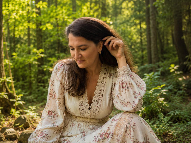 SilviaFreeya with long brown hair, wearing a floral dress, sits in a forest, eyes closed, hand in hair, smiling gently, showing her tits slightly through the lace.