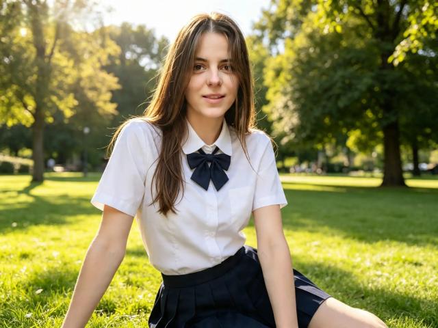 GlamMegi with long brown hair, white shirt, black bow, and black skirt, sitting on grass, smiling, sunlight, green park, hands on ground, natural light, cute, attractive.