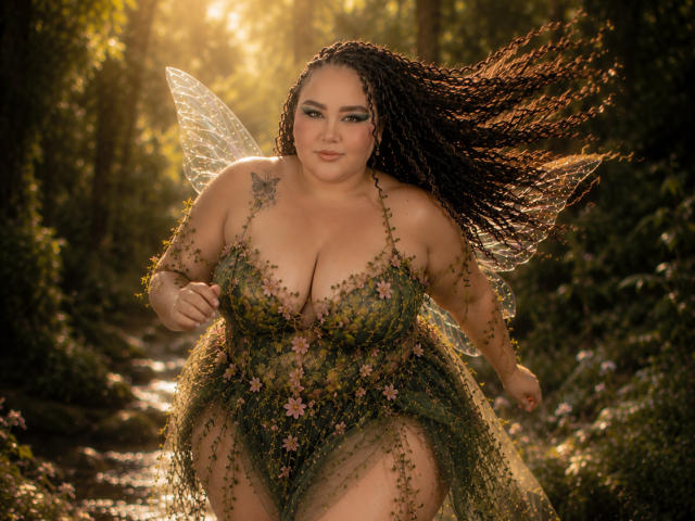 HurrenMatt has big tits, curly brown hair, fairy wings, and a green floral dress, running through a sunlit forest, her ass slightly visible, looking cute and sexy.