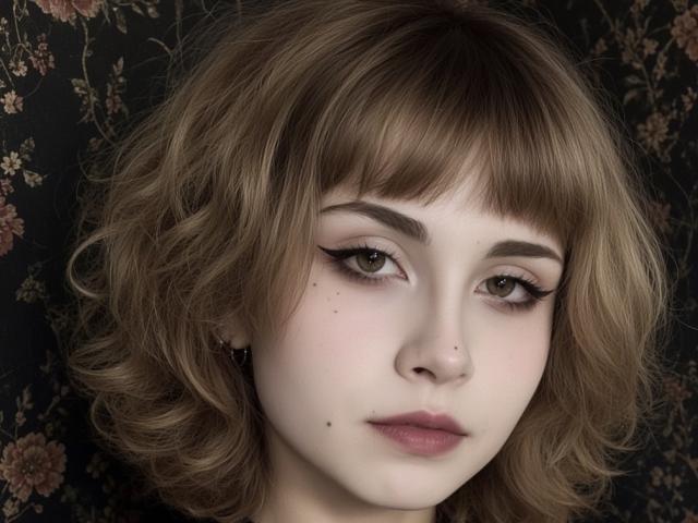 EmelyDilsaver has wavy brown hair, pale skin, and dark eyeliner. She's looking straight at the camera with a slight pout, and she's got a small mole on her chin.