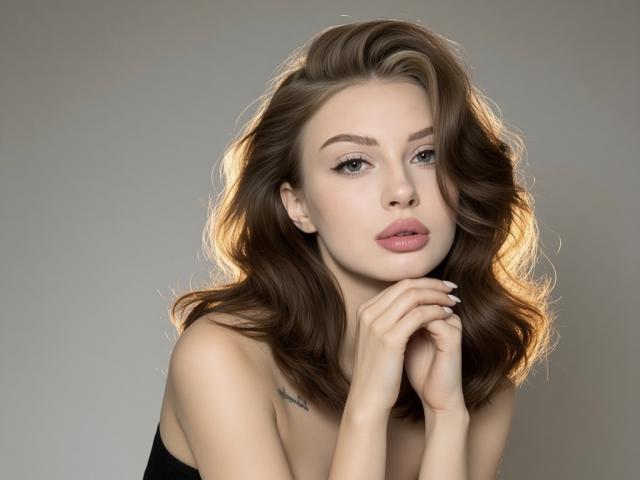 MargertRedFlower with wavy brown hair, pouty pink lips, and hands near her chin, looking sexy, has a tattoo under her right breast, wearing a black strap top.
