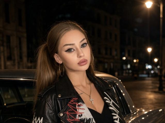 MargertRedFlower with pouty lips, green eyes, and brown ponytail, wearing a black leather jacket with red lace, silver cross necklace, and hoop earrings, standing by a vintage car.