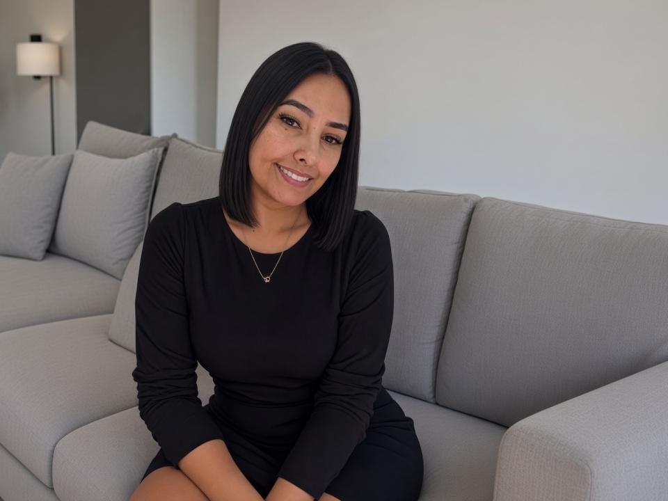Marie Routh, mit schulterlangem, schwarzem Haar, trägt ein schwarzes, langärmeliges Kleid und eine Halskette und sitzt auf einem grauen Sofa. Sie lächelt sanft in die Kamera und zeigt ihr hübsches Hinterteil..