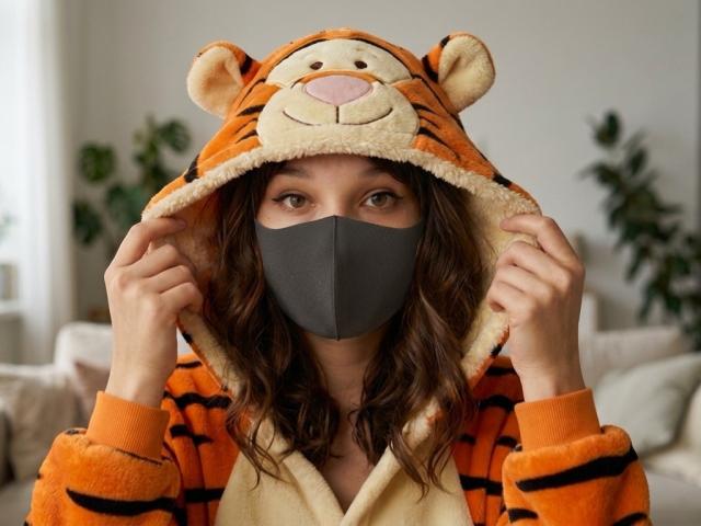 SexLoveG with wavy brown hair, wearing an orange tiger hoodie with black stripes, and a gray face mask, holding the hood up. Soft, cute, tiger face mask.