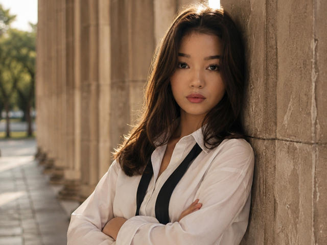 ZulaGullick, avec de longs cheveux bruns, portant une chemise blanche avec des bretelles noires, les bras croisés, appuyée contre un mur de pierre, avec une expression sérieuse, une douce lumière du soleil sur son visage..