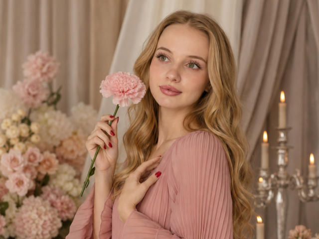 LawanaDavito with long blonde hair, pink dress, holding pink flower, red nails, soft gaze, gentle smile, candles in background, elegant, sexy, pretty, tits slightly visible under dress.