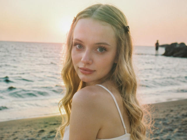 LawanaDavito has long, wavy blonde hair, a cute face, and small tits, wearing a white top, standing on a sandy beach at sunset, with a gentle ocean behind.